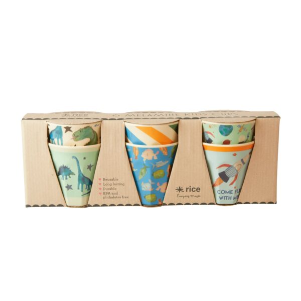 SMALL MELAMINE CUP set of 6 - ASSORTED COLORS - DINOSAURS PRINT